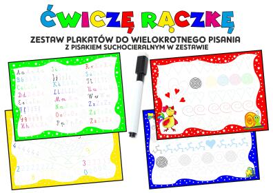 Ćwiczę rączkę. Zestaw plakatów do wielokrotnego pisania z pisakiem suchościeralnym w zestawie.