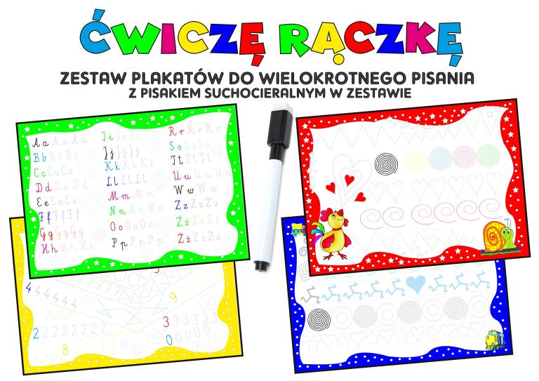 Ćwiczę rączkę. Zestaw plakatów do wielokrotnego pisania z pisakiem suchościeralnym w zestawie. (1)
